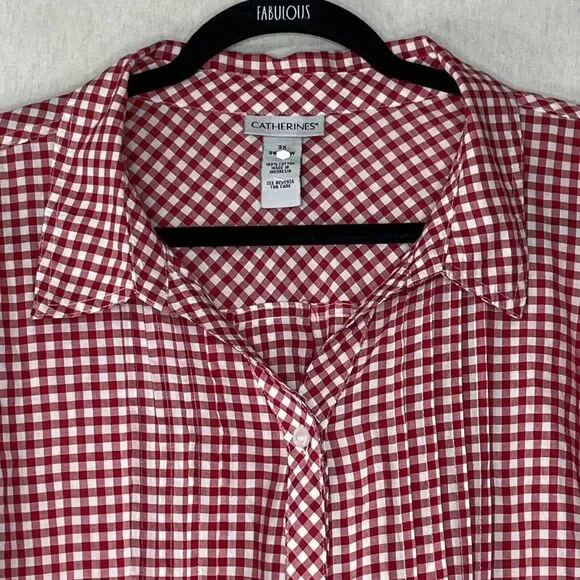 Catherines Plus Size Top Blouse Button Down 3X Red White Gingham Tabbed Sleeves - Picture 3 of 12